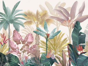 Foglie botaniche tropicali e palme in colori pastello carta da parati sullo sfondo bianco