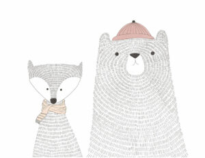 Carta da parati minimalista con orso e volpe disegnati a mano