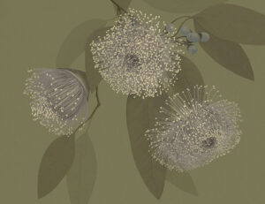 Carta da parati floreale massimalista delicato e scuro con foglie delicate su sfondo verde